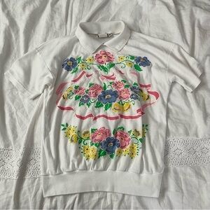 Vintage 80s AREO SMALL Flower Polo Shirt Short Sleeve White
